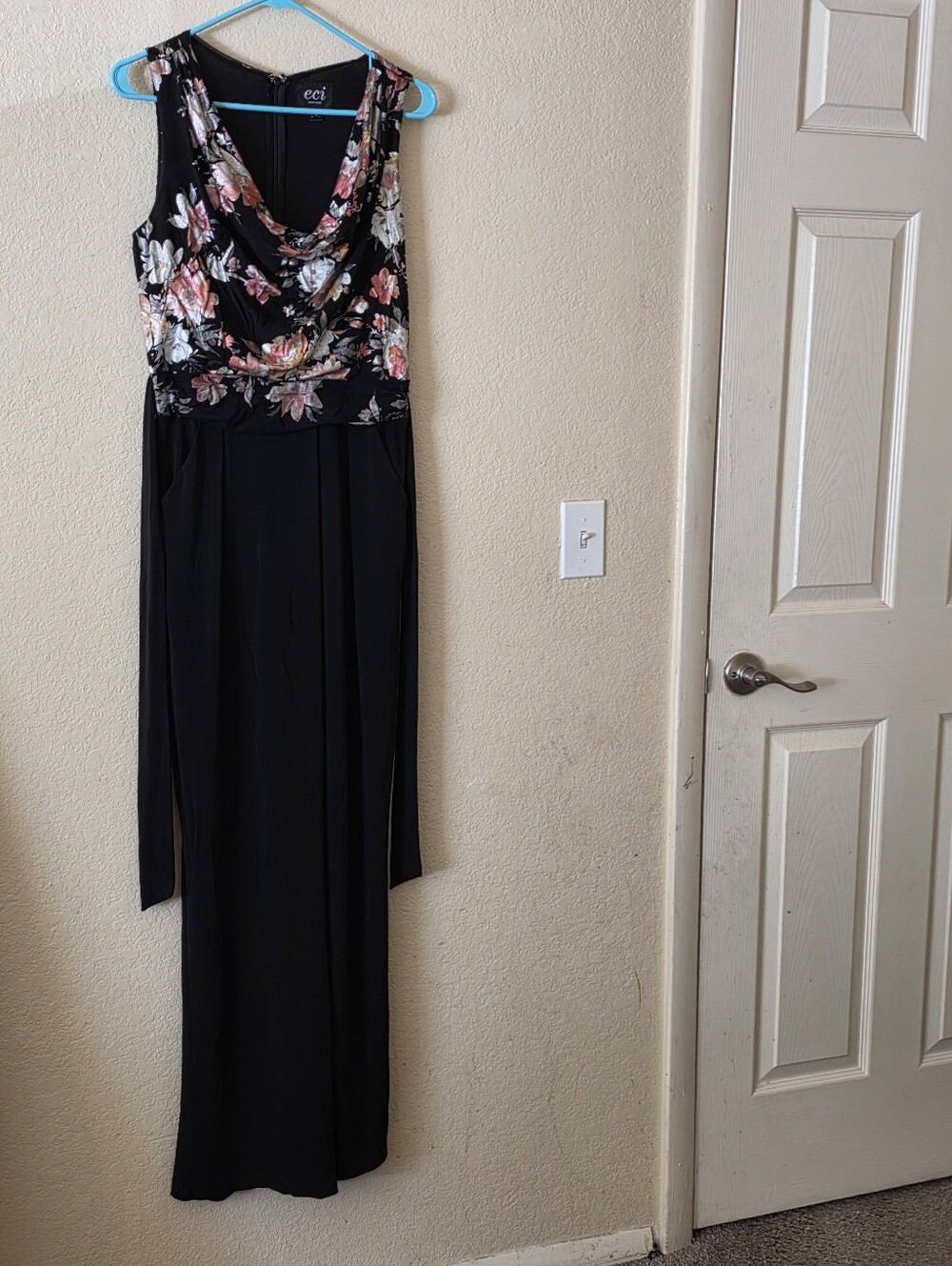 ECI New York  Black Maxi Jumpsuit Dress  with Pink and White Floral Bodice Size